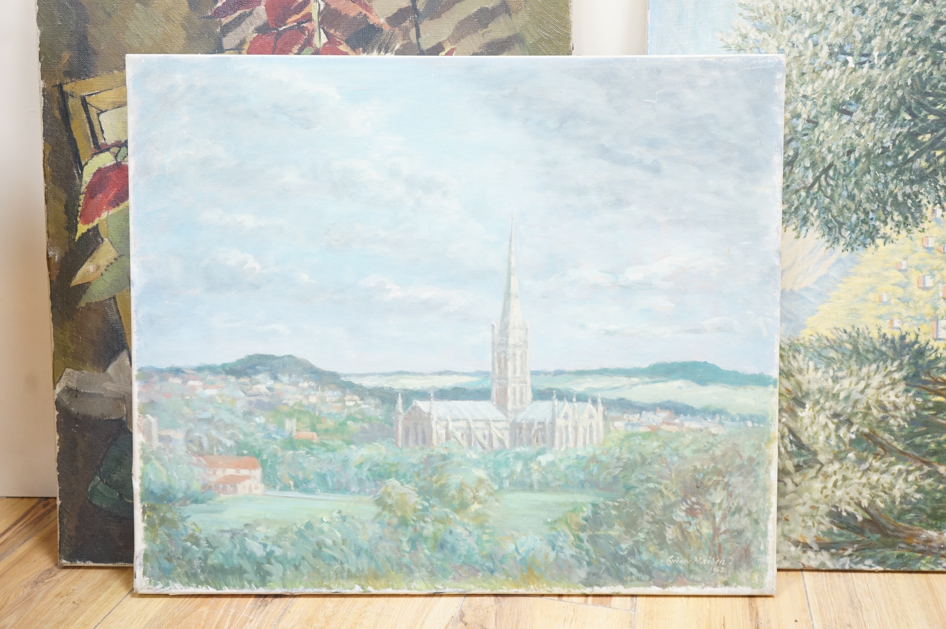 Sydney Maiden (1893-1963), landscape with a church, signed and dated 1962, Modern British oil on canvas, unframed, 51 x 61cm